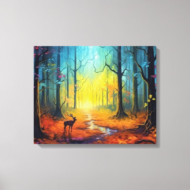 Toile Cerf dans la forêt d'automne arc-en-ciel (Recto)