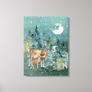 Toile Cerf et Faon Forêt Pleine Lune Chute de Neige