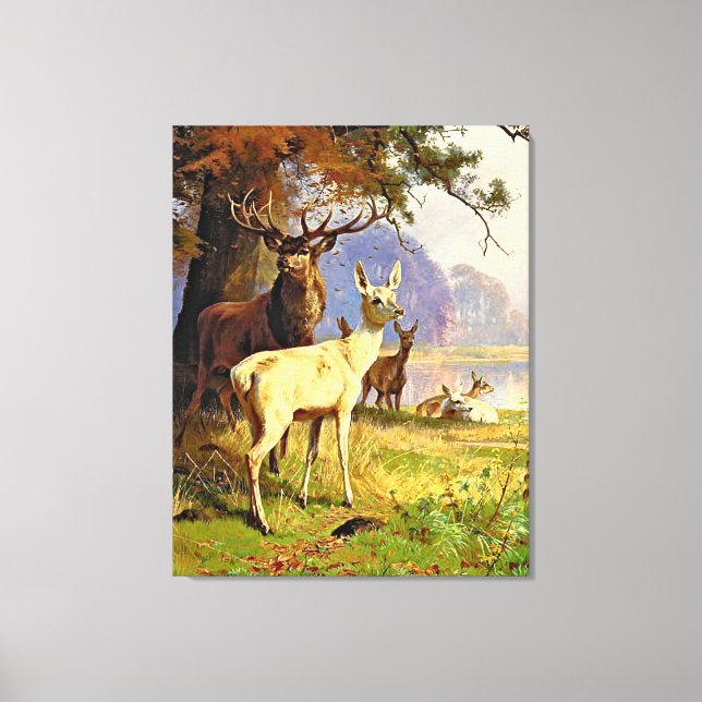 Toile Cerf Rouge Et Blanc Près D'Un Étang De Forêt (Recto)