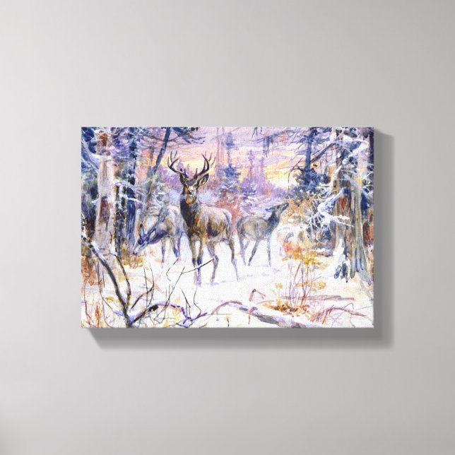 Toile Cerfs dans une forêt enneigée (Saison d'hiver) (Recto)