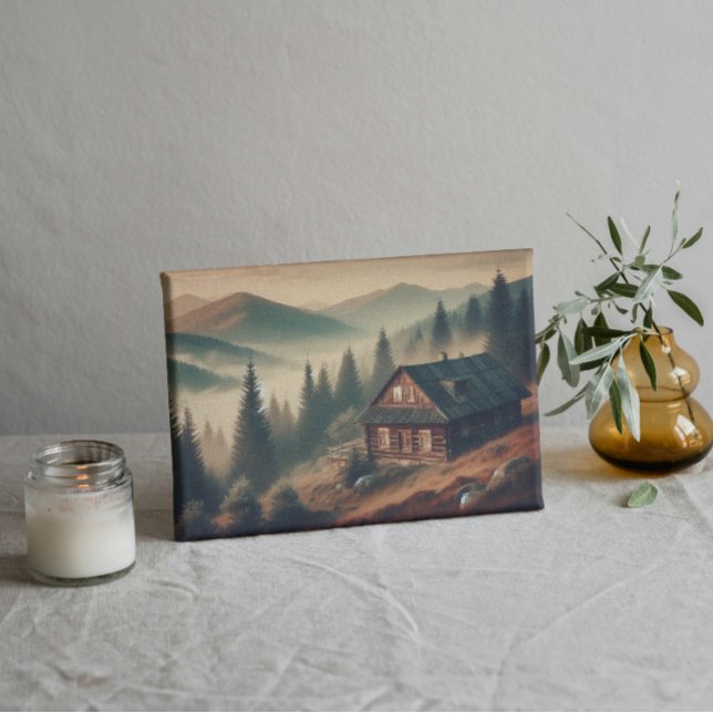 Toile "Chalet de montagne rustique dans le brouillard –  ("Dreamy cabin in the hills – perfect for cozy interior styling.")