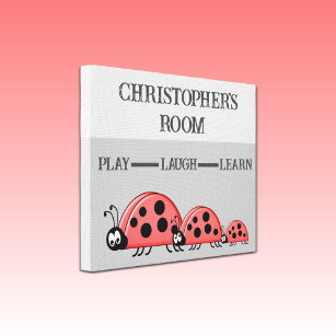 Toile Chambre de l'enfant Ladybugs nom personnalisé gris