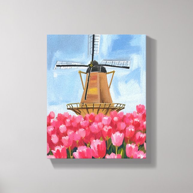 Toile Champ de fleurs de tulipes de moulin à vent hollan (Recto)