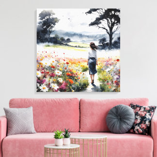 Toile Champ de rêves – Femme à l'aquarelle dans les fleu