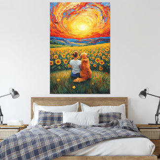 Toile Champ de Tournesols Coucher de Soleil Chien et Fil
