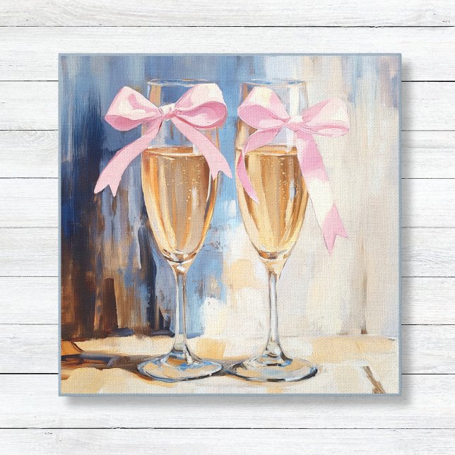 Toile Champagne avec rubans roses Cadeau unique pour une (Unique Giftt for the Bride - Bridal Shower Canvas Art - Champagne Glasses Painting with Pink Bows)