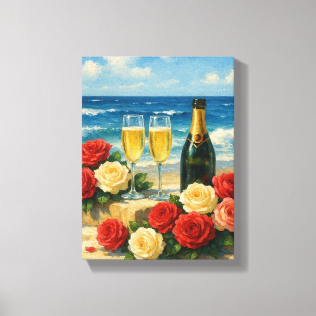 Toile Champagne et Roses sur la plage romantique (Recto)