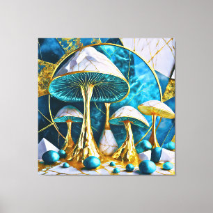 Toile Champignons en géométrique surréaliste bleu et or