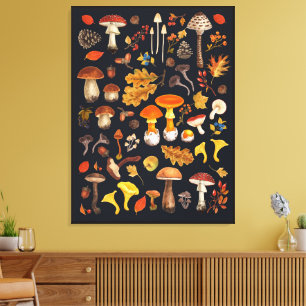 Toile Champignons sauvages sur fond noir