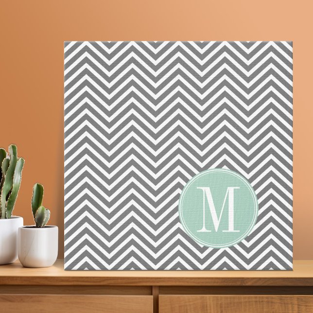 Toile Charbon et menthe vert Chevrons sur mesure Monogra (Photo Collage - Custom Wall Art)