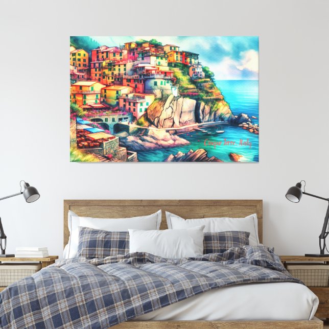Toile Charme côtier Italie Cinque Terre Aquarelle | (Insitu(Chambre))