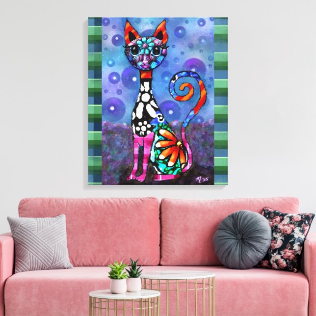 Toile Chat Abstrait Féminin aux Grands Yeux et Funky (Insitu(Salon))