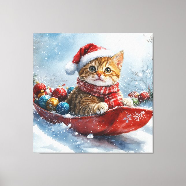 Toile Chat abyssinien en sledge laissez-le neiger Noël (Recto)