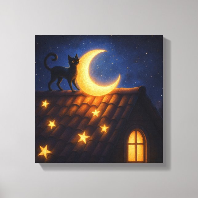 Toile Chat au Clair de Lune sur un Toit Étoilé (Recto)