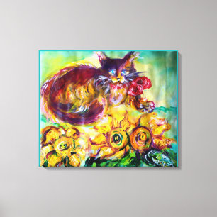TOILE CHAT AVEC RUBAN ROUGE ET TOURNESOLS