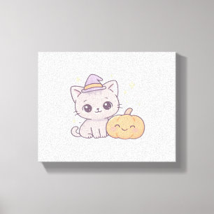 Toile Chat avec sorcière Casquette et Citrouille sourian