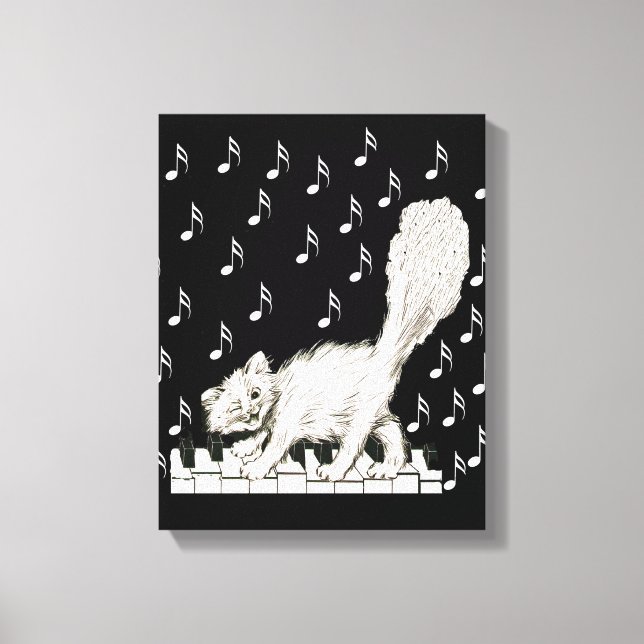 Toile Chat Blanc Clinquant sur Touches de Piano Notes Mu (Recto)