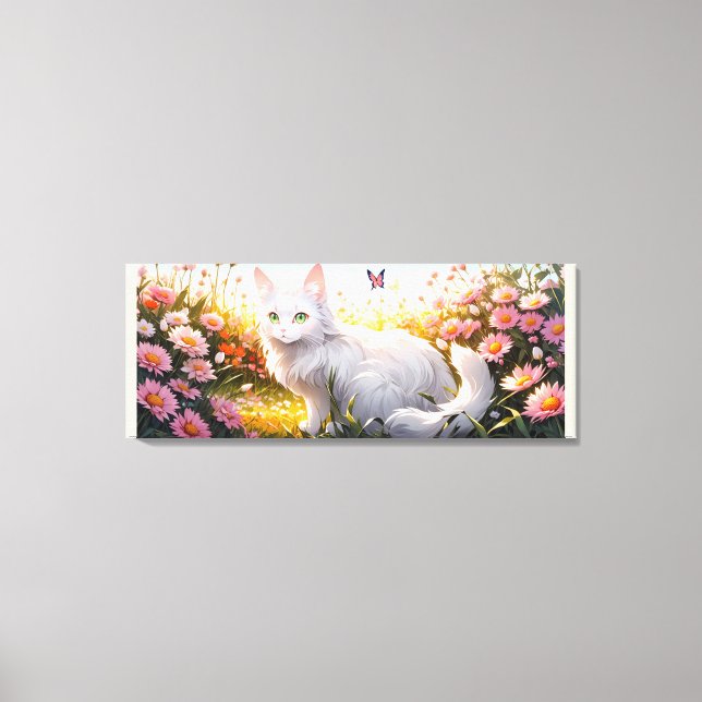 Toile Chat blanc dans le champ de fleurs Ai Art (Recto)
