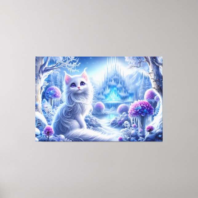Toile Chat blanc élégant dans un royaume magique neigeux (Recto)