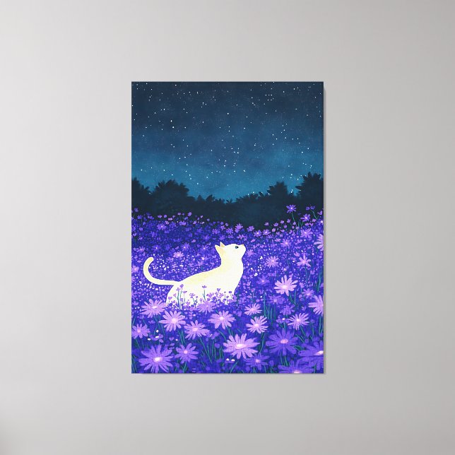 Toile Chat blanc en fleurs de minuit (Recto)