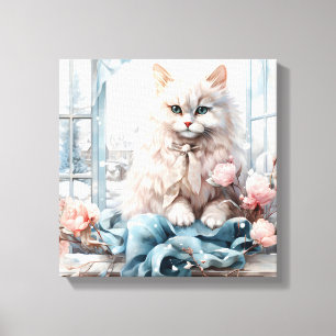 Toile Chat Blanc Fluffé Bleu Oyé Dans Une Fenêtre