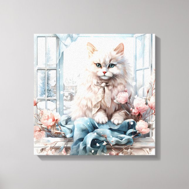 Toile Chat Blanc Fluffé Bleu Oyé Dans Une Fenêtre (Recto)