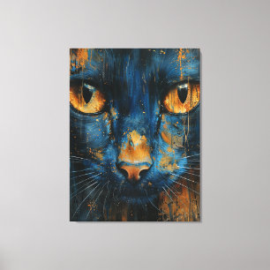 Toile Chat bleu et or, portrait félin abstrait moderne