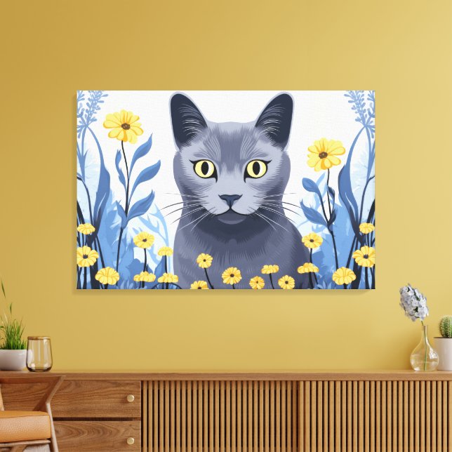 Toile Chat Bleu Russe Fleurs Jaunes (Insitu(Salon))