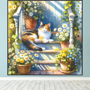Toile Chat calicot sur une véranda fleurie Cottagecore