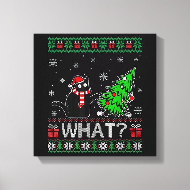 Toile Chat Ce Chat Noir Drôle Poussant Arbre De Noël (Recto)