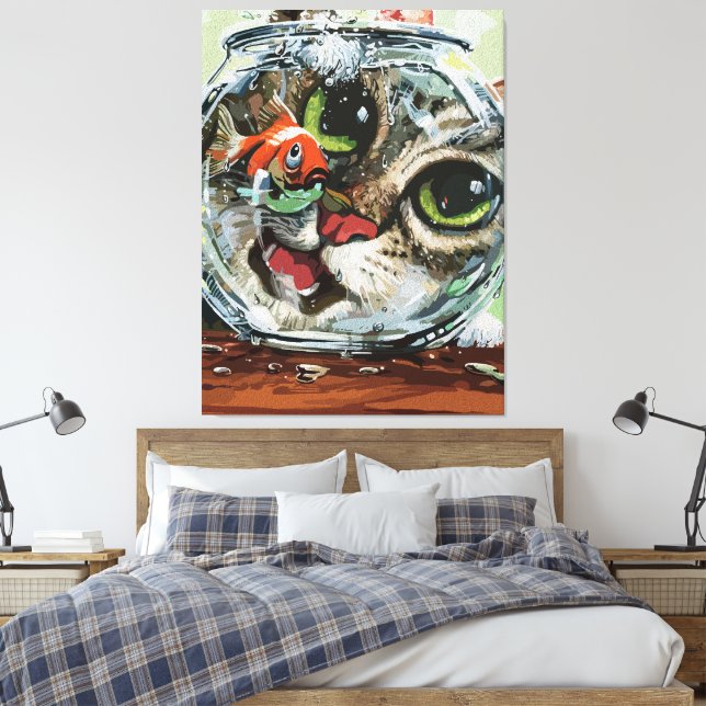 Toile Chat Curieux & Poisson Rouge Prudent (Insitu(Chambre))