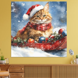 Toile Chat de Maine Coon en sledge Laisser neiger Noël