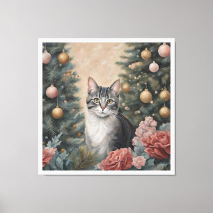 Toile Chat de Noël mignon au milieu des fleurs et des ar
