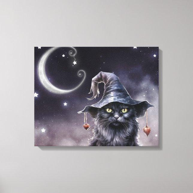 Toile Chat d'Halloween noir portant un Casquette de sorc (Recto)