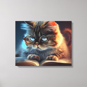 Toile Chat en lunettes lisant un livre