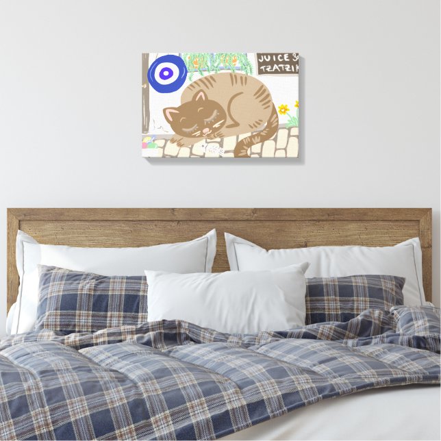 Toile Chat endormi de la taverne grecque, scène méditerr (Insitu(Chambre))