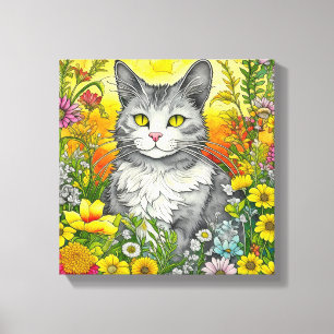 Toile Chat et Fleurs Whimsical