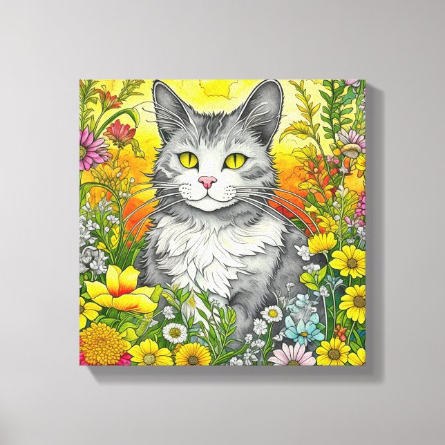 Toile Chat et Fleurs Whimsical (Recto)