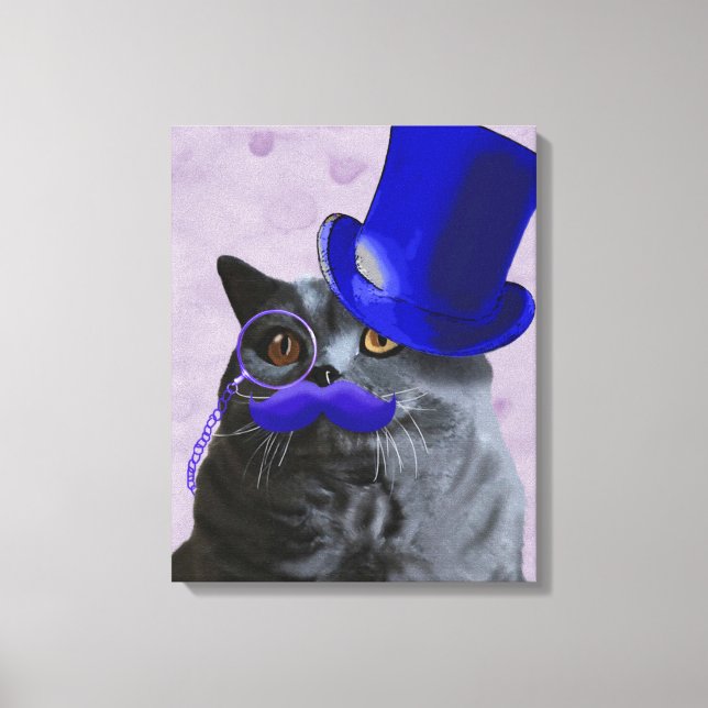 Toile Chat gris avec chapeau bleu et moustache (Recto)
