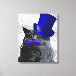 Toile Chat gris avec chapeau bleu et moustache bleue