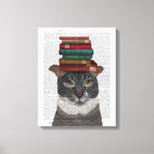 Toile Chat gris avec des livres sur la tête