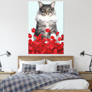 Toile chat gris et roses rouges