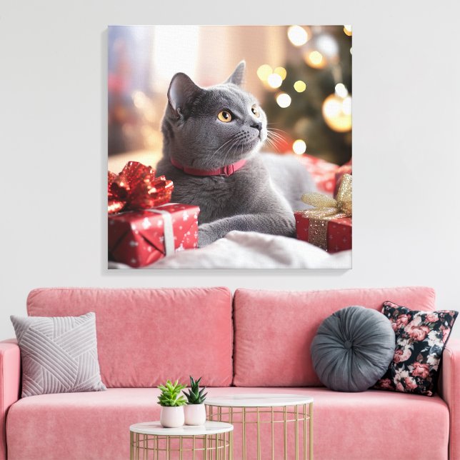 Toile Chat gris mignon célébrant Noël (Insitu(Salon))