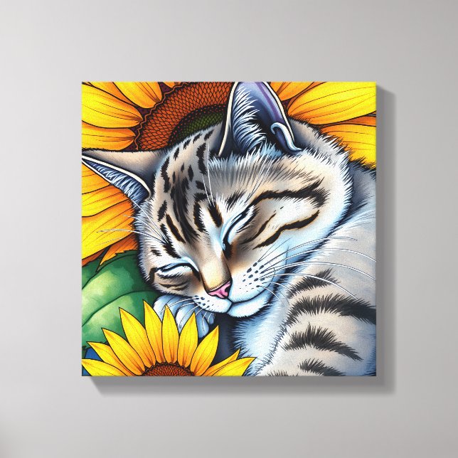 Toile Chat gris mignon dormant avec tournesol (Recto)