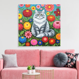 Toile Chat gris rayé et duveteux avec fleurs d'art folkl