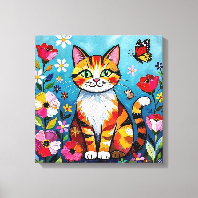 Toile Chat Impasto, Fleurs & Papillon (Recto)