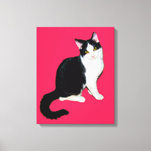 Toile Chat Kitty, noir et blanc sur rose chaud