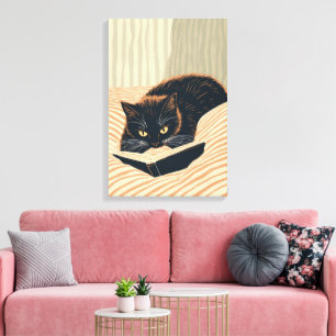 Toile chat lisant au lit