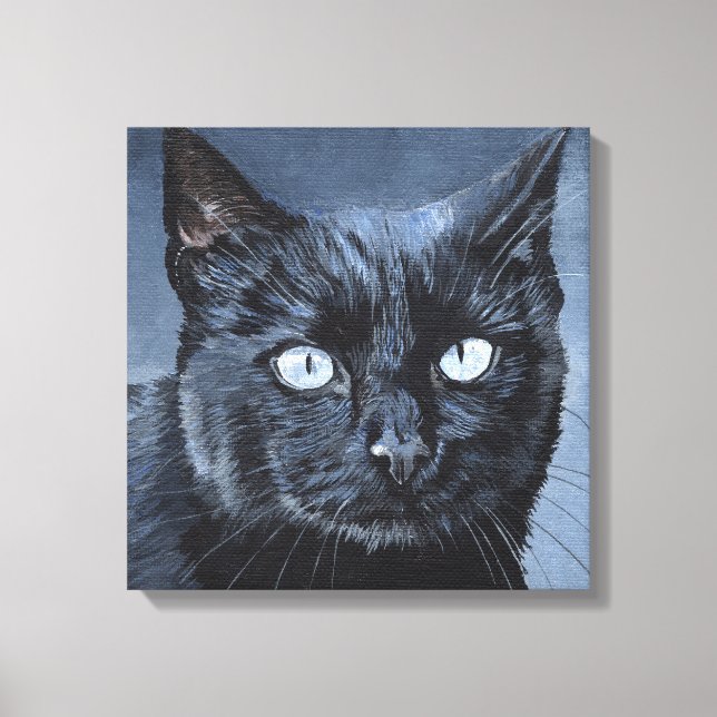 Toile Chat Noir aux Yeux Bleus sur Fond Bleu Foncé (Recto)