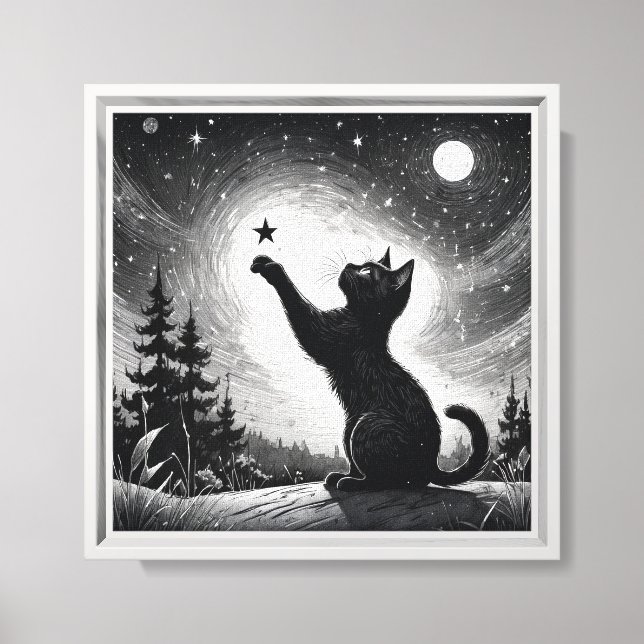 Toile Chat noir avec ciel avec lune  (Recto)